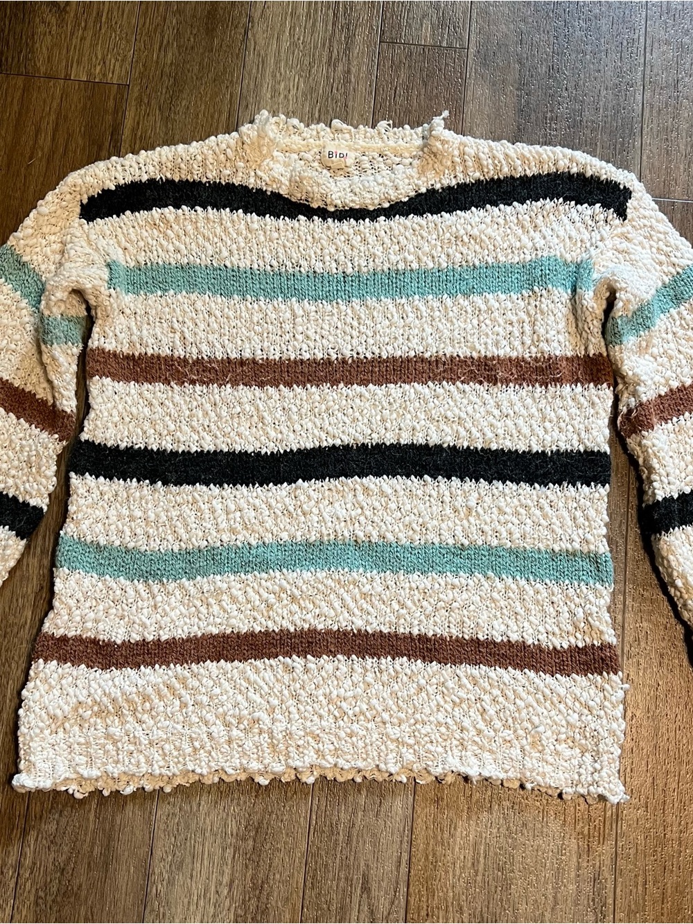BiBi Cream Popcorn Knit Crew Sweater with Black, Brown and Teal Stripes